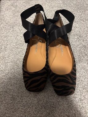 NEW Jessica Simpson Brown and Black Zebra-Print Ankle Wrap Flats